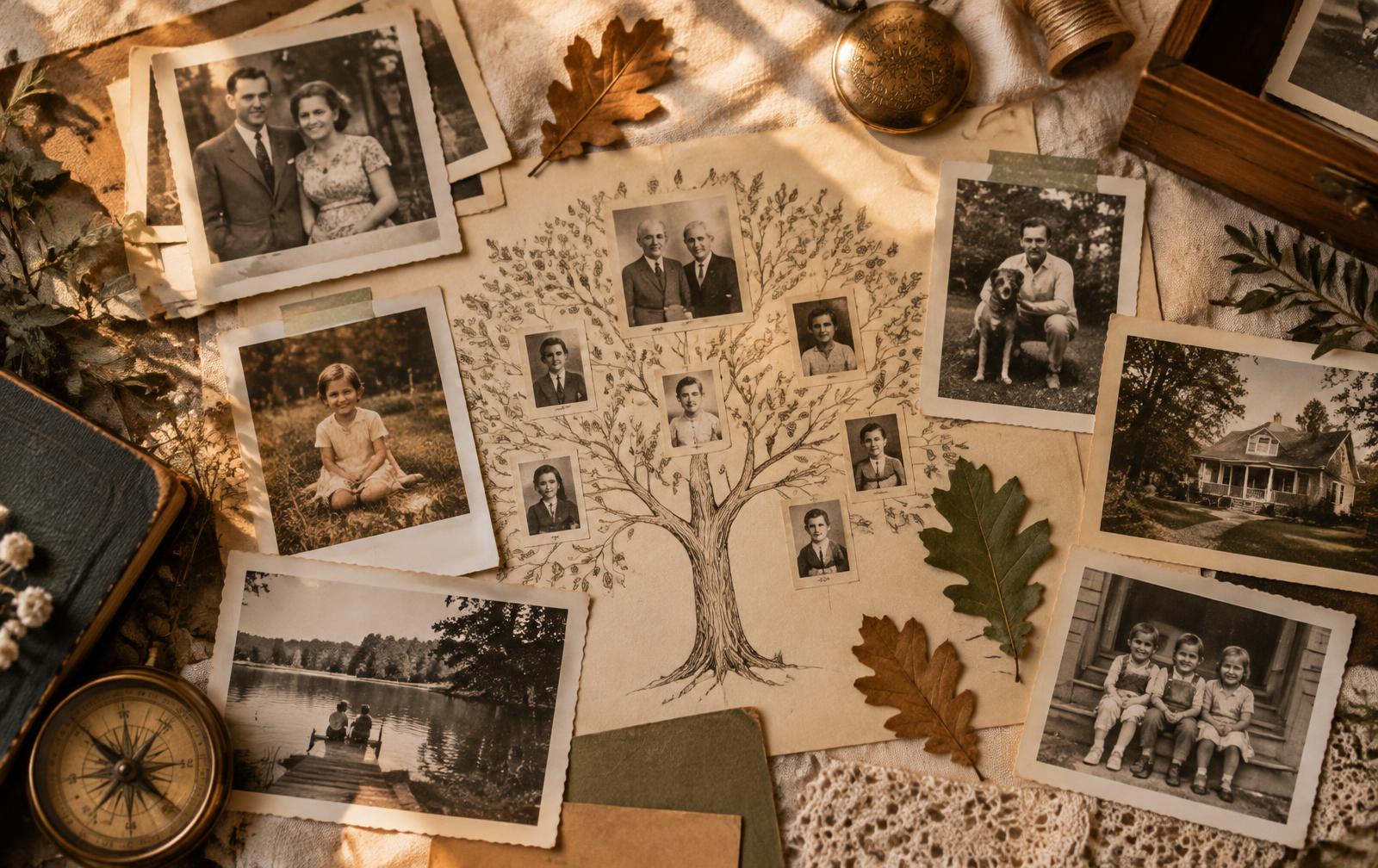 Old family photographs and a hand-drawn family tree